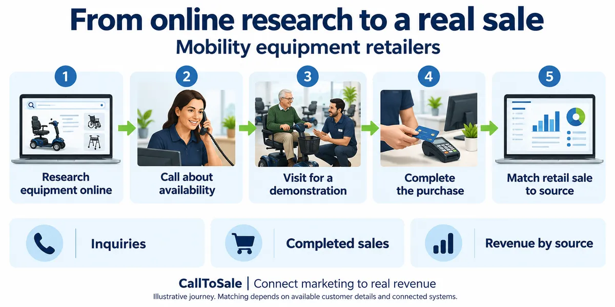 Mobility equipment retailers customer journey from online research to a Shopify POS in-store purchase and revenue reporting