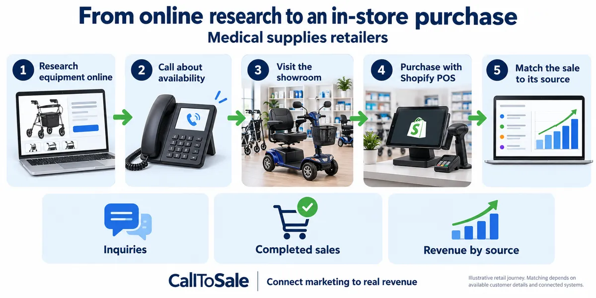Medical supplies retailers customer journey from online research to a Shopify POS in-store purchase and revenue reporting