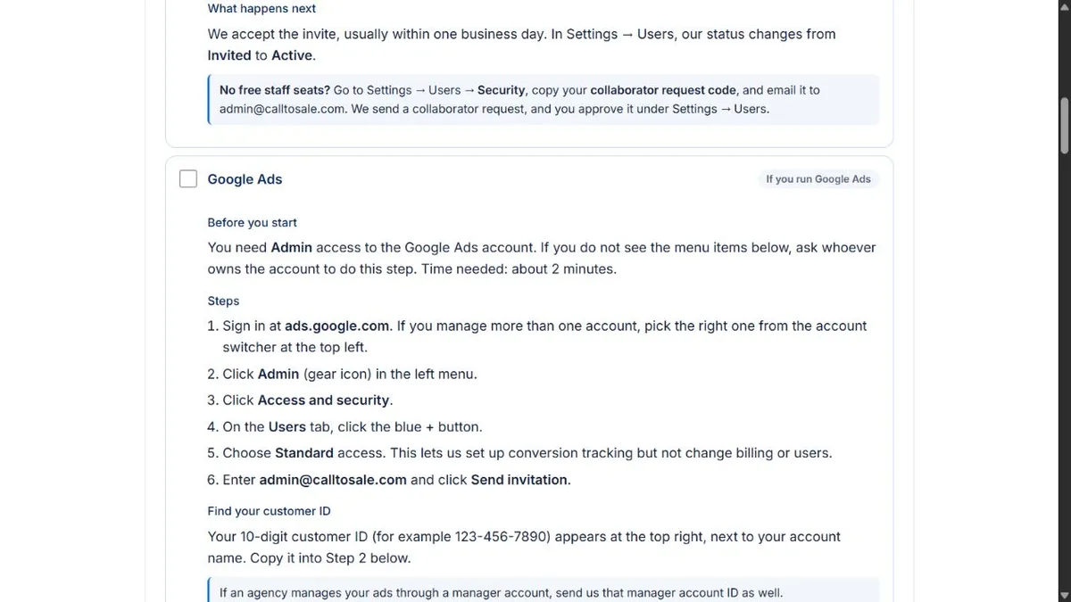 Google Ads access and customer ID instructions on CallToSale
