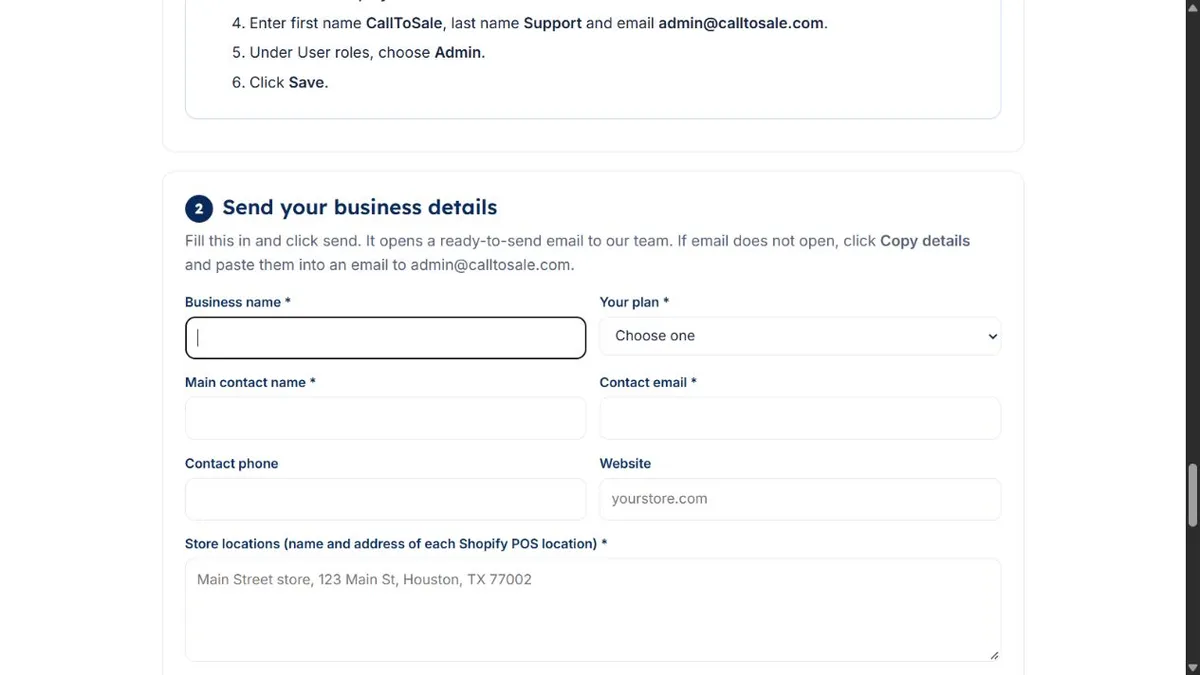 Blank CallToSale business details form with business, plan, contact and location fields