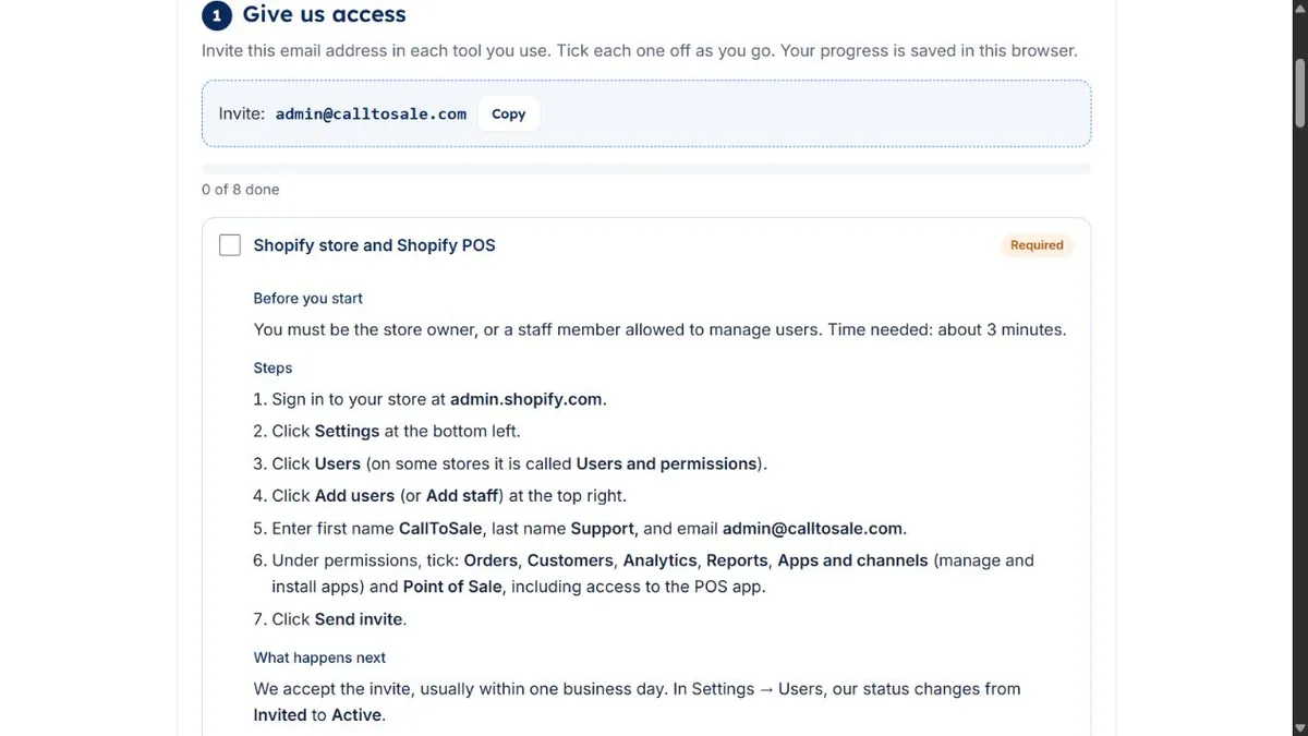 Expanded Shopify and Shopify POS access checklist on CallToSale