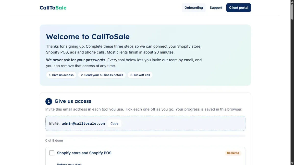 CallToSale onboarding overview showing access, business details and kickoff