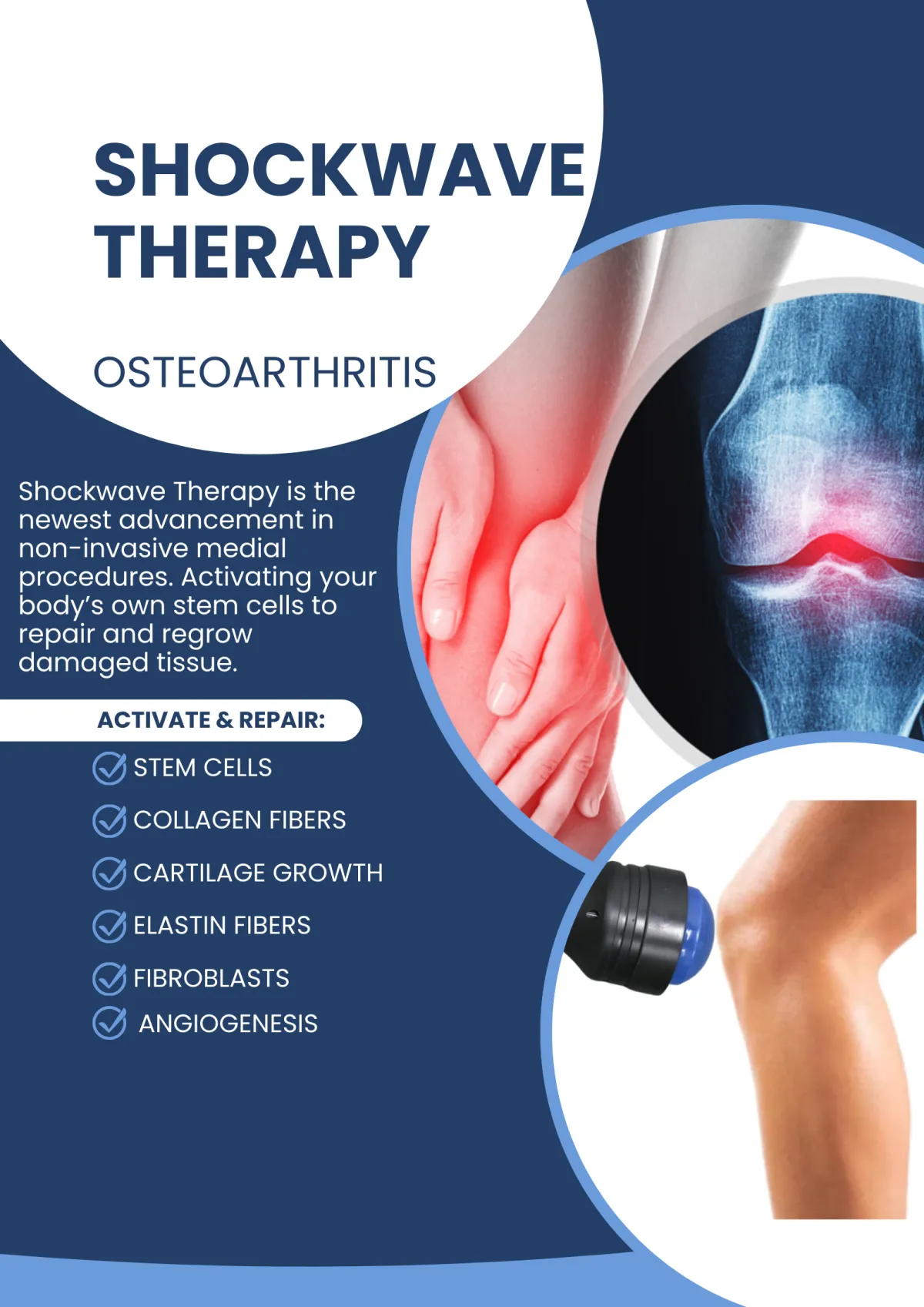hands on knees showing bones and tendons looking inflammed. Shockwave device placed on knee