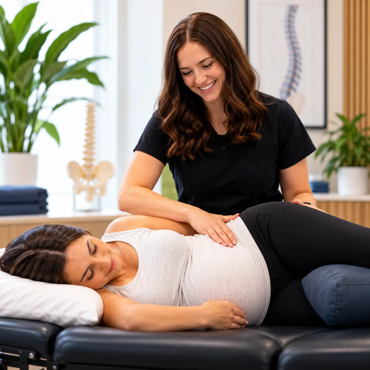 Dr. Meghan Jeske providing chiropractic care to a pregnant patient in Denver