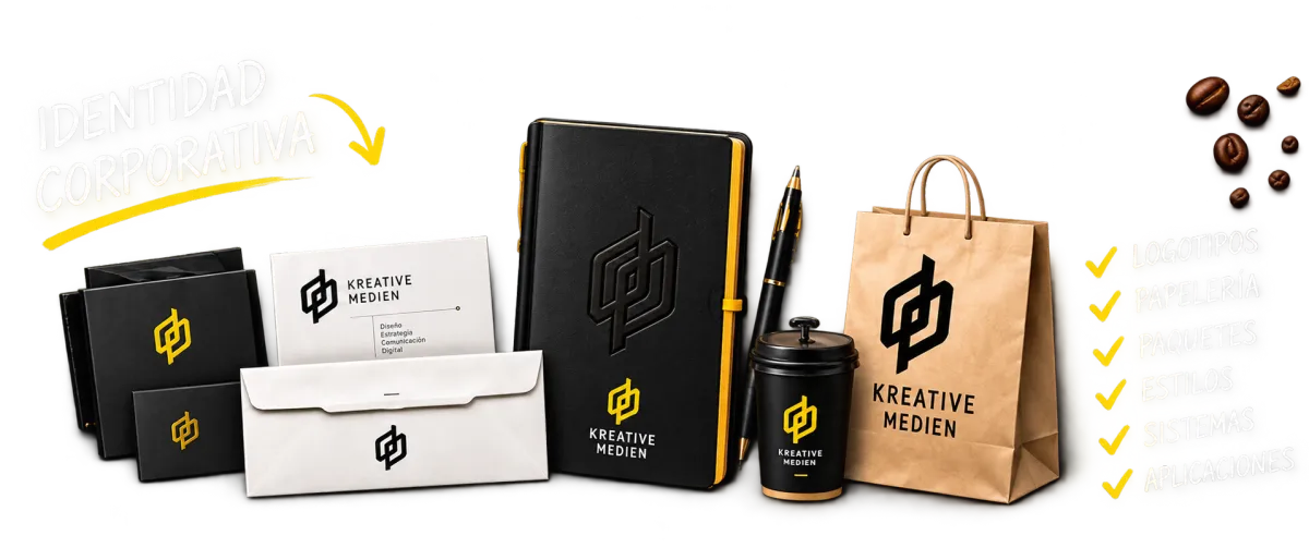 Identidad corporativa con logotipo, papelería y aplicaciones de marca desarrolladas por Kreative Medien