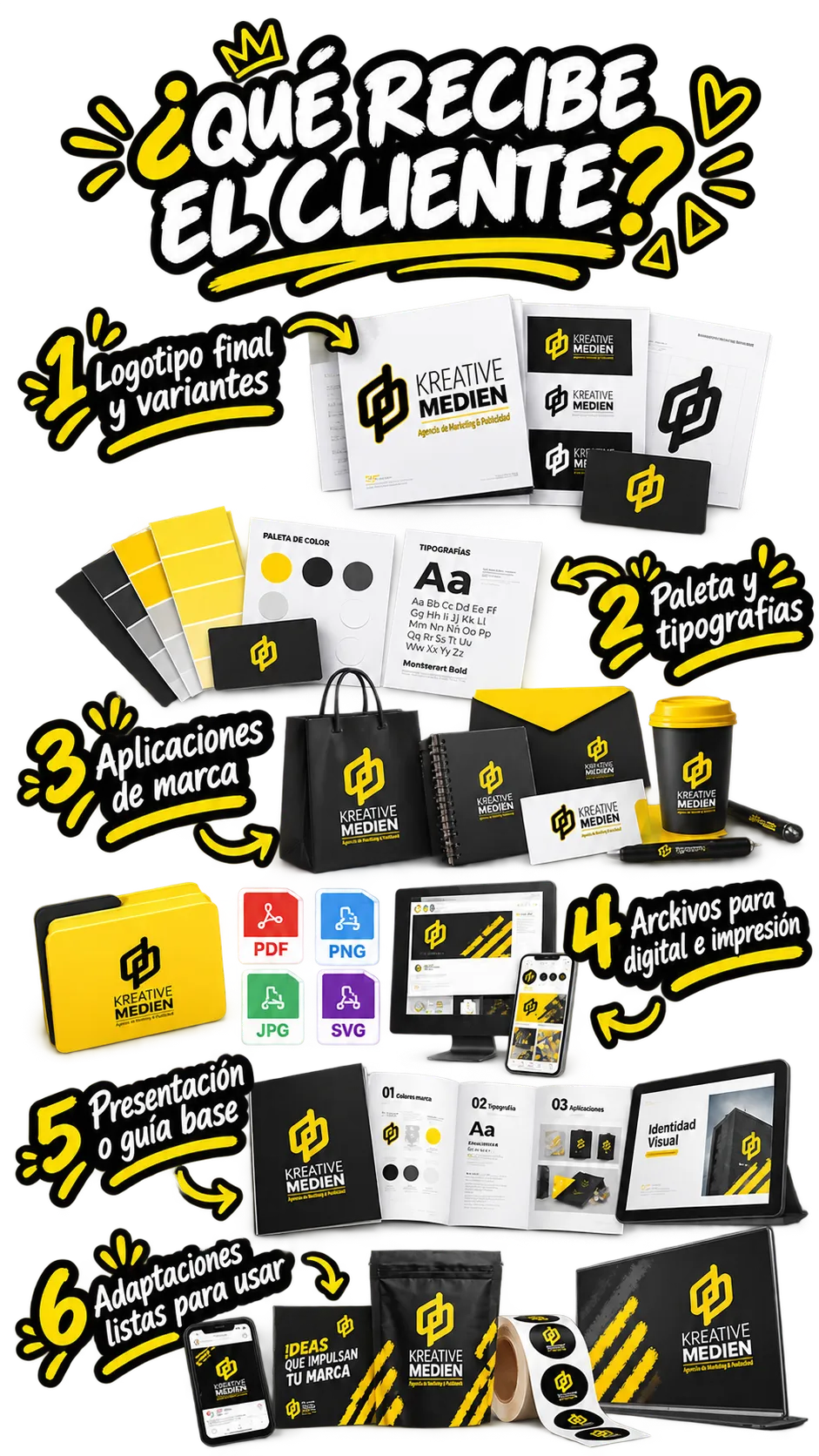 Entregables de diseño e identidad visual con logotipos, paleta de color, tipografías, aplicaciones y archivos finales para uso digital e impresión