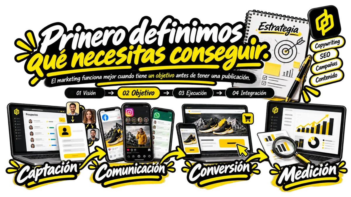 Planeación de marketing de Kreative Medien para definir objetivos, audiencia, mensaje, canales y acciones antes de ejecutar