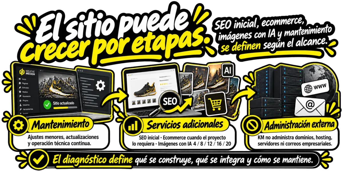 Desarrollo de ecosistema digital por etapas con web, mantenimiento, contenidos, integraciones y servicios adicionales de Kreative Medien