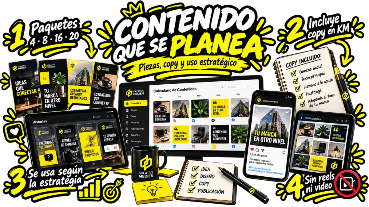 Planeación de contenido para redes sociales con paquetes de imágenes, copywriting y uso estratégico desarrollado por Kreative Medien