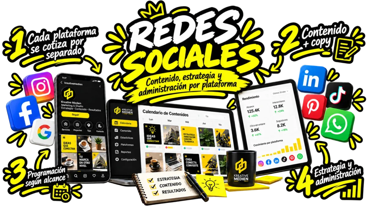 Servicios de redes sociales de Kreative Medien con estrategia, contenido, copywriting y administración independiente por plataforma