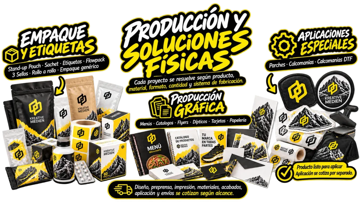 Soluciones físicas de Kreative Medien en empaques, etiquetas, impresión gráfica, parches, calcomanías y DTF
