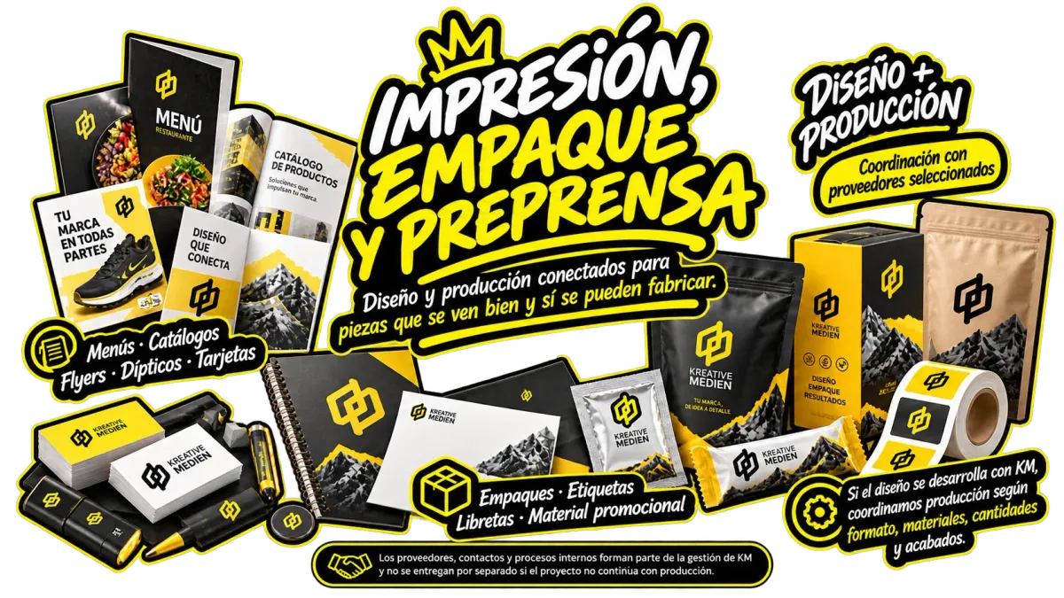 Impresión, empaque y preprensa de Kreative Medien con diseño gráfico, etiquetas, empaques, catálogos y materiales para producción