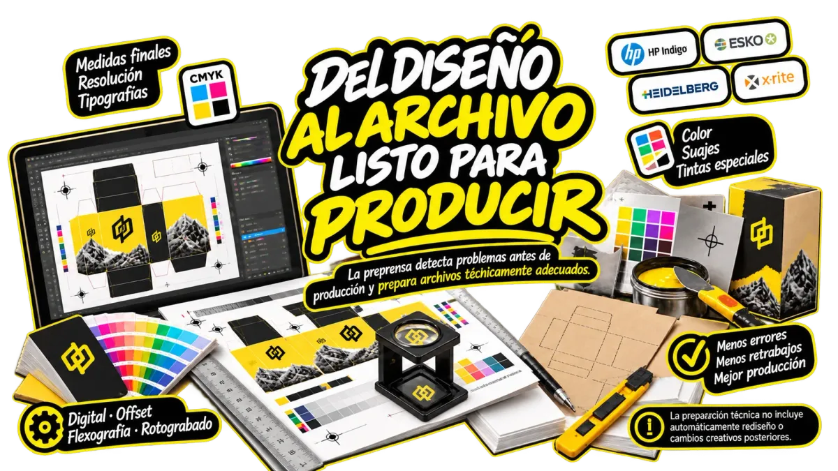 Preparación de archivos para producción con preprensa, control de color, suajes, resolución y procesos de impresión