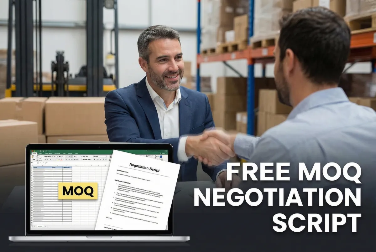 Men shaking hand in a warehouse, laptop in the corner with and script to message amazon suppliers