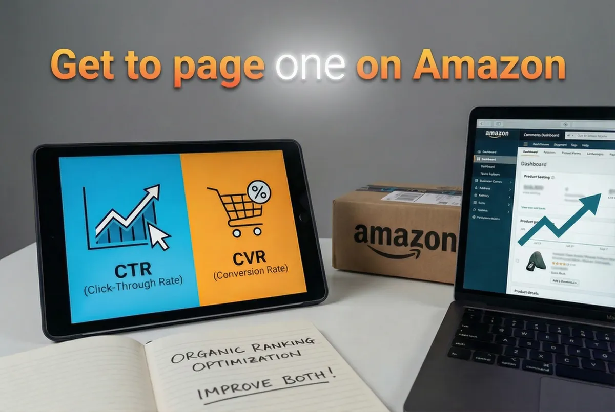 ipad with Amazon CTR vs. CVR, notebook with Control Your Organic Ranking