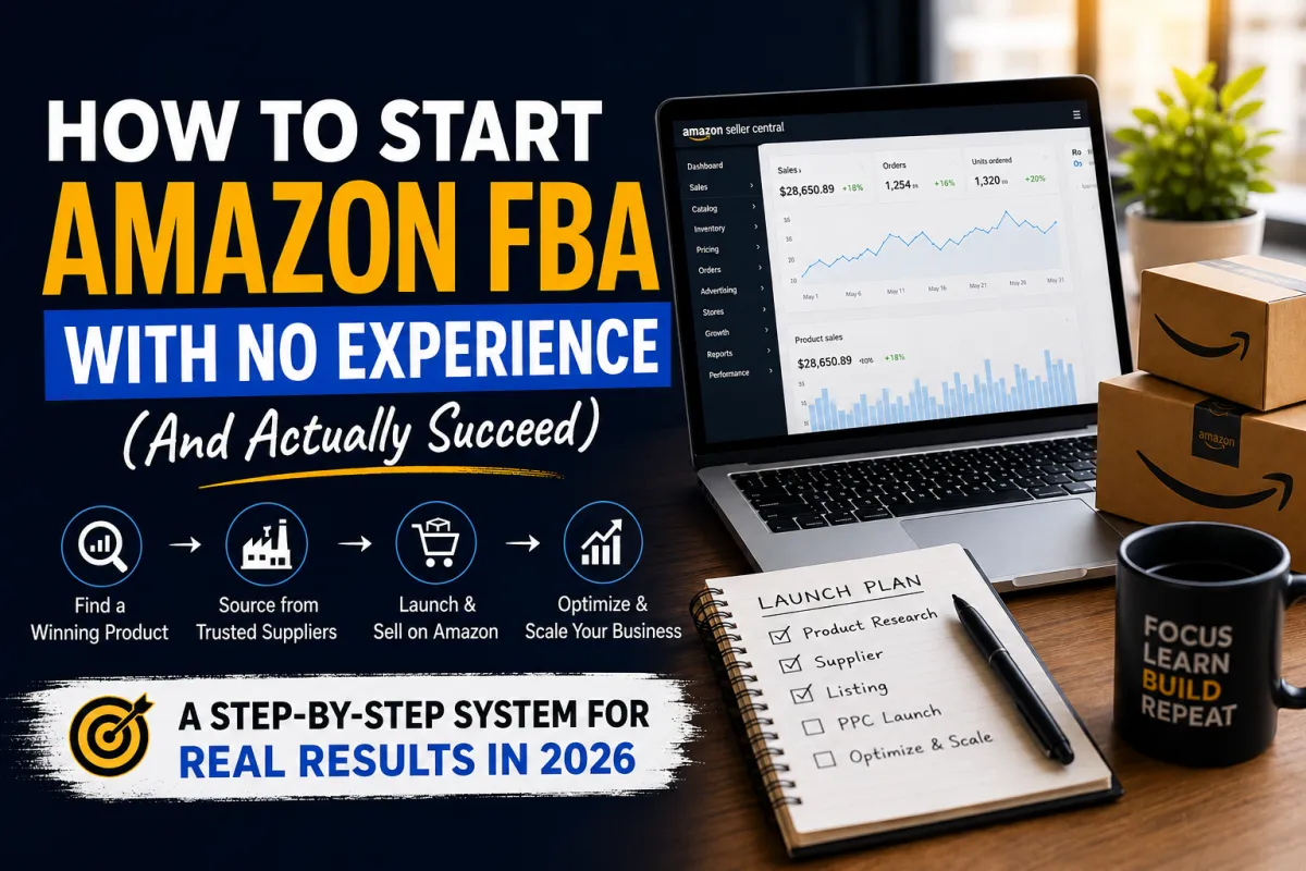 How to Start Amazon FBA With No Experience — step-by-step guide cover image showing Amazon Seller Central dashboard, launch plan checklist, and Amazon boxes