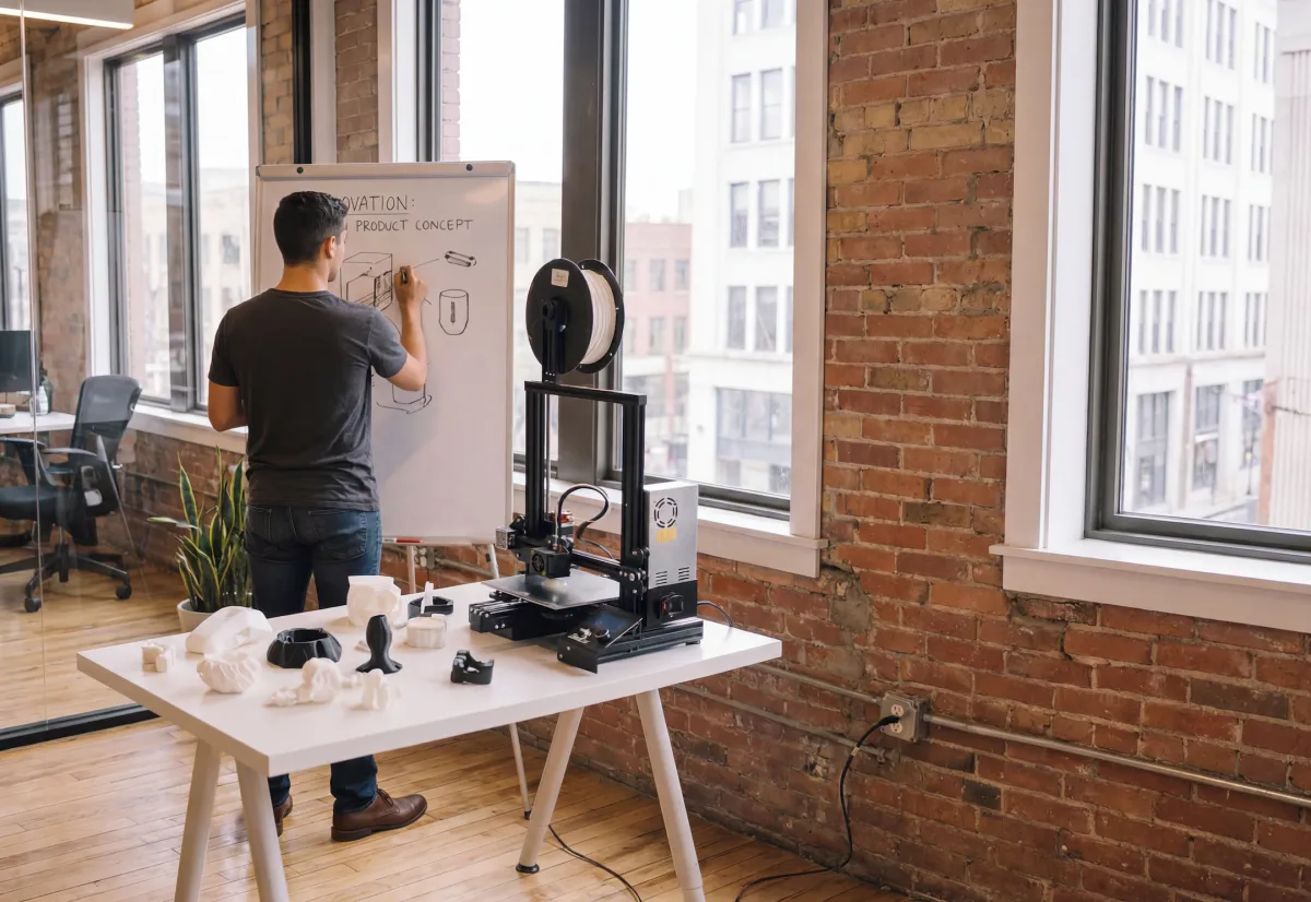 Man working on innovating a product in an office with a 3d printer and a white board