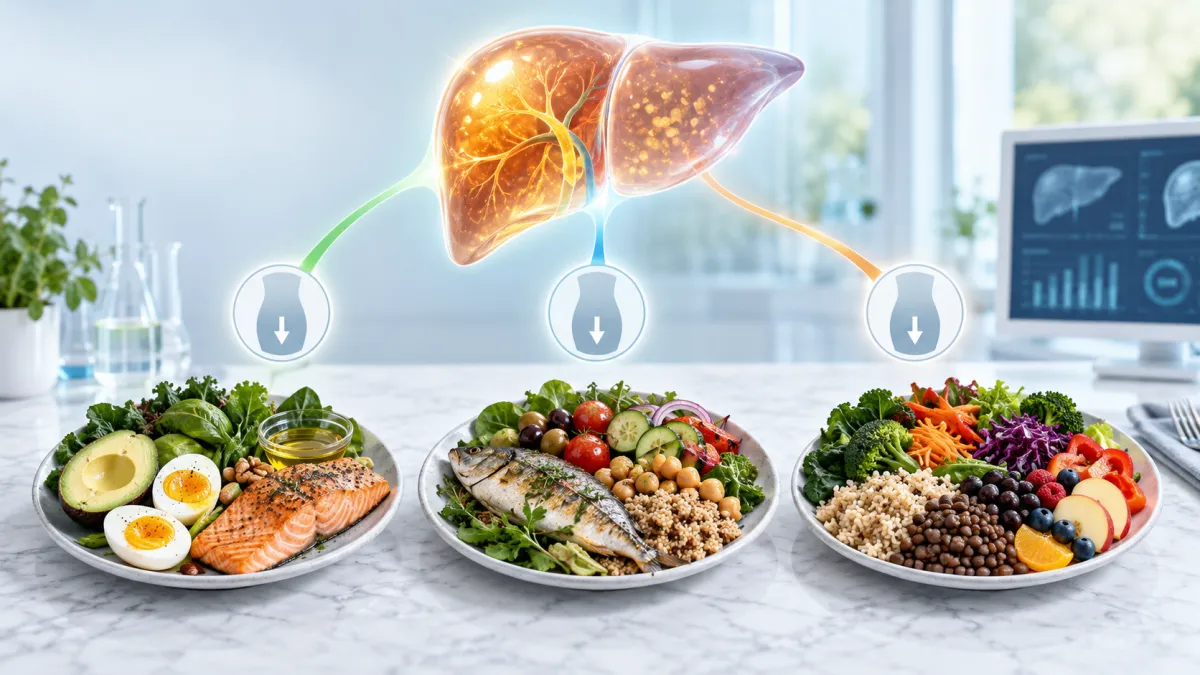 Ketogenic, Mediterranean and plant-forward meals compared under matched weight loss with a liver graphic representing differences in metabolic response