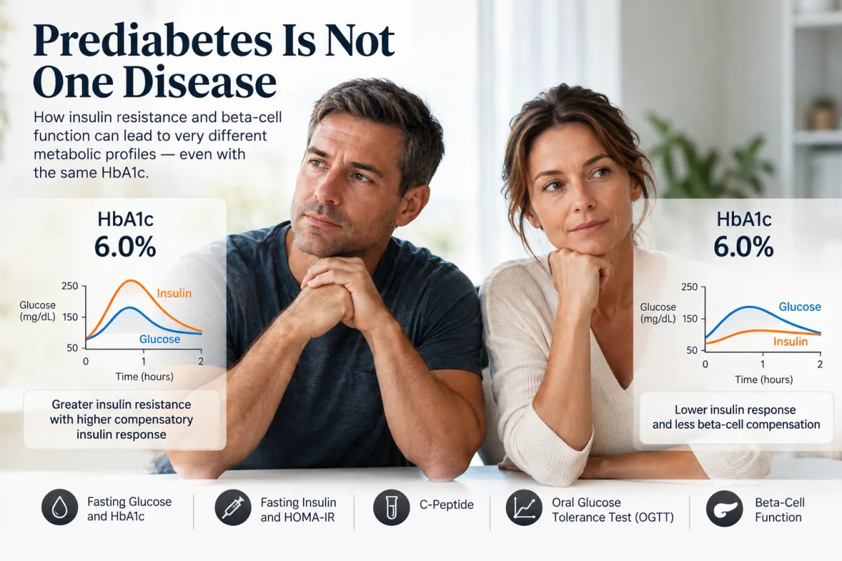 Two adults with the same HbA1c of 6.0% but different insulin and glucose responses, illustrating metabolic differences in prediabetes.
