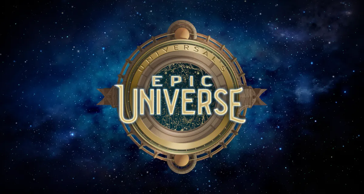 Image Epic Universe: a gold circular compass-like object with Epic Universe overlaid in front of a dark sky