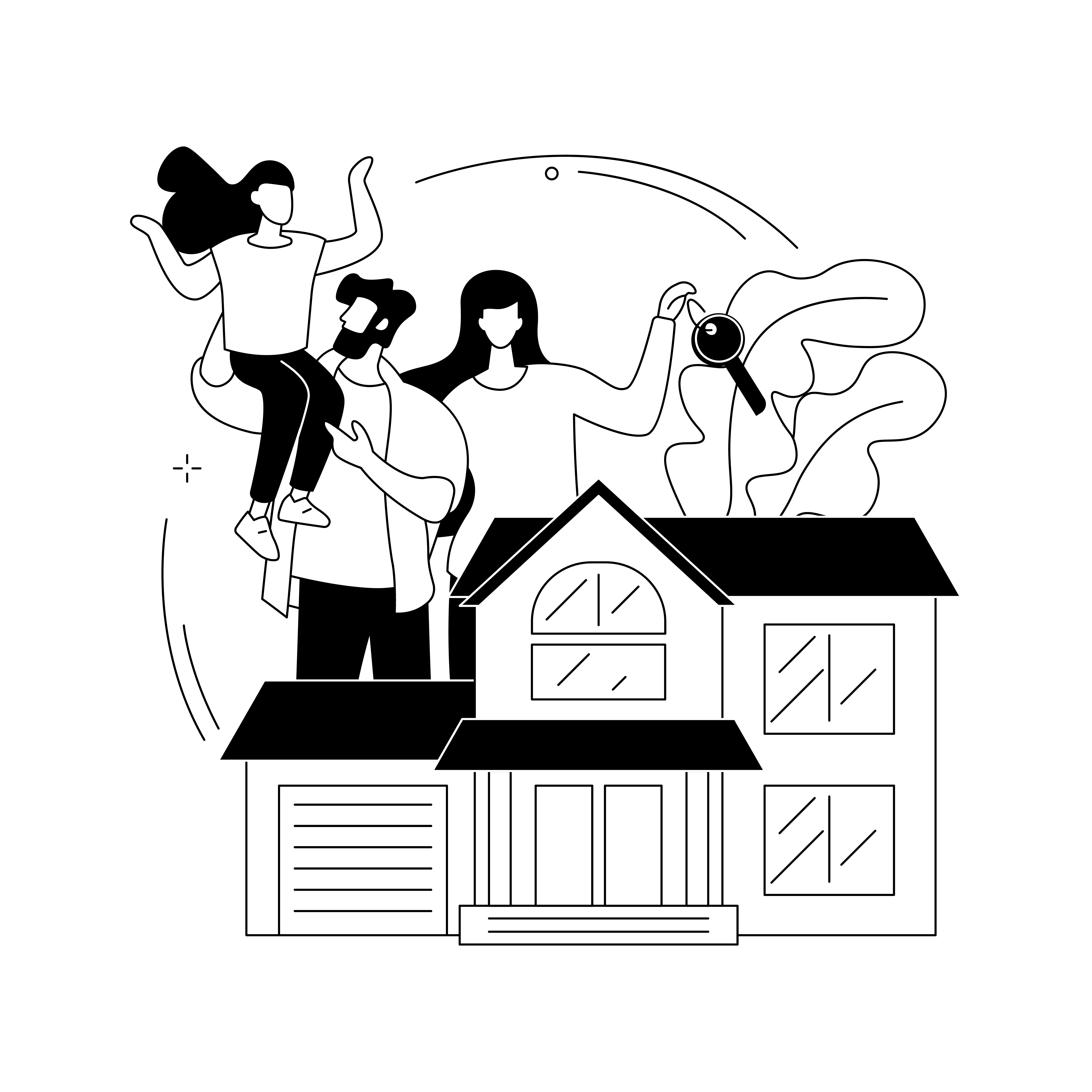 A family with a kid behind a drawing of a house. The woman is holding keys
