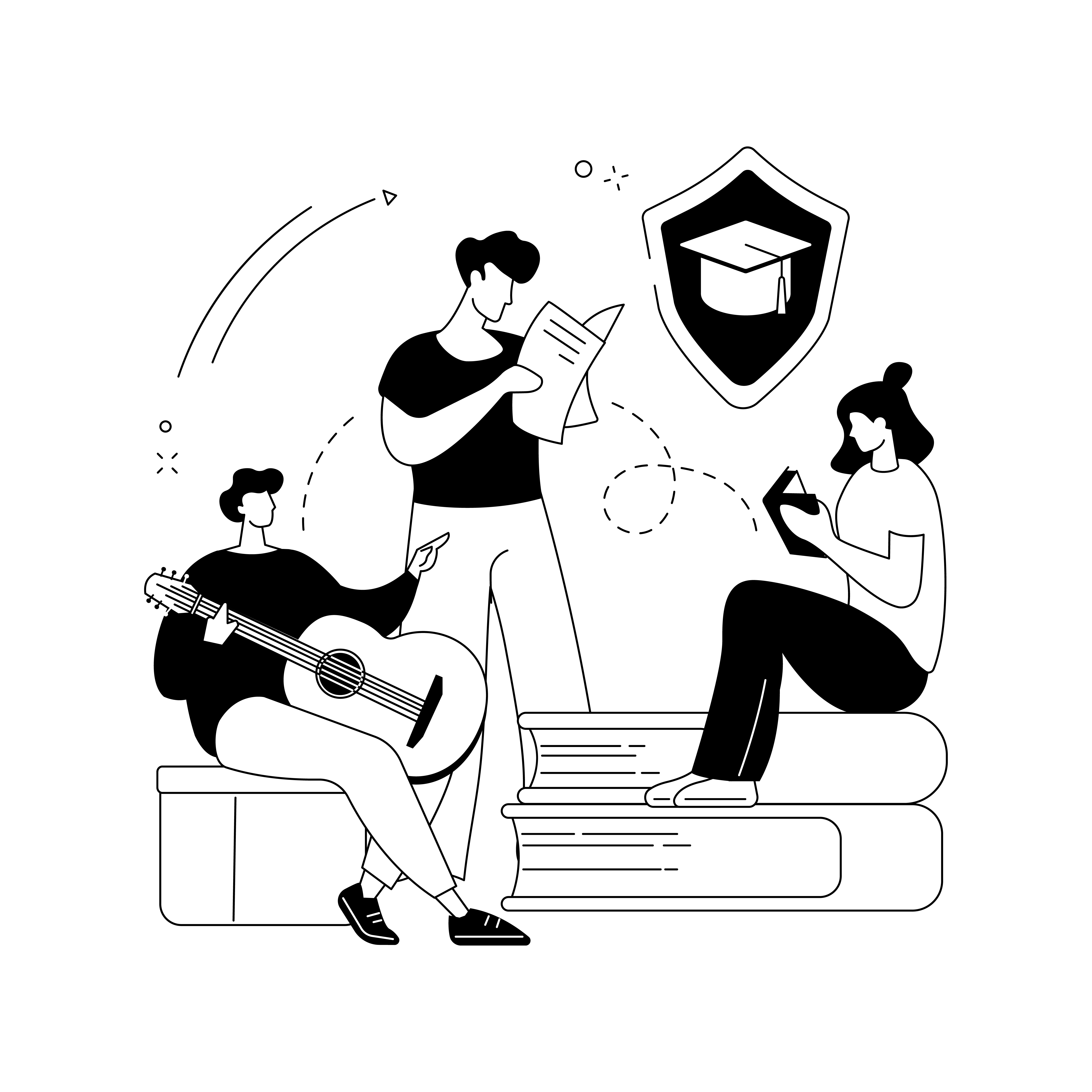 Students sitting on books, reading and playing a guitar.