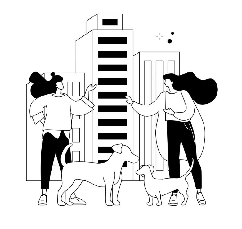 2 women with dogs outside an apartment highrise