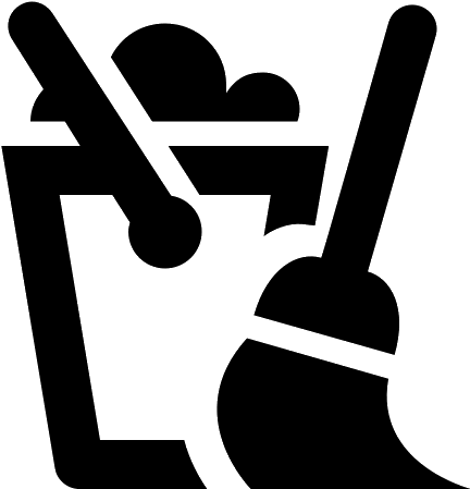 Black and white icon of a bucket and mop