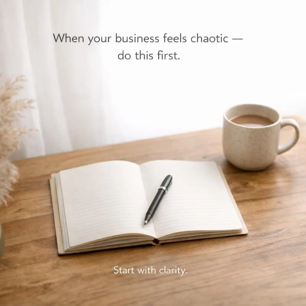 Soft natural-light workspace featuring an open lined notebook with a black pen resting across the pages on a warm wooden desk, a ceramic coffee mug nearby, and minimal decor in the background, overlaid with the text “When your business feels chaotic — do this first” and “Start with clarity.