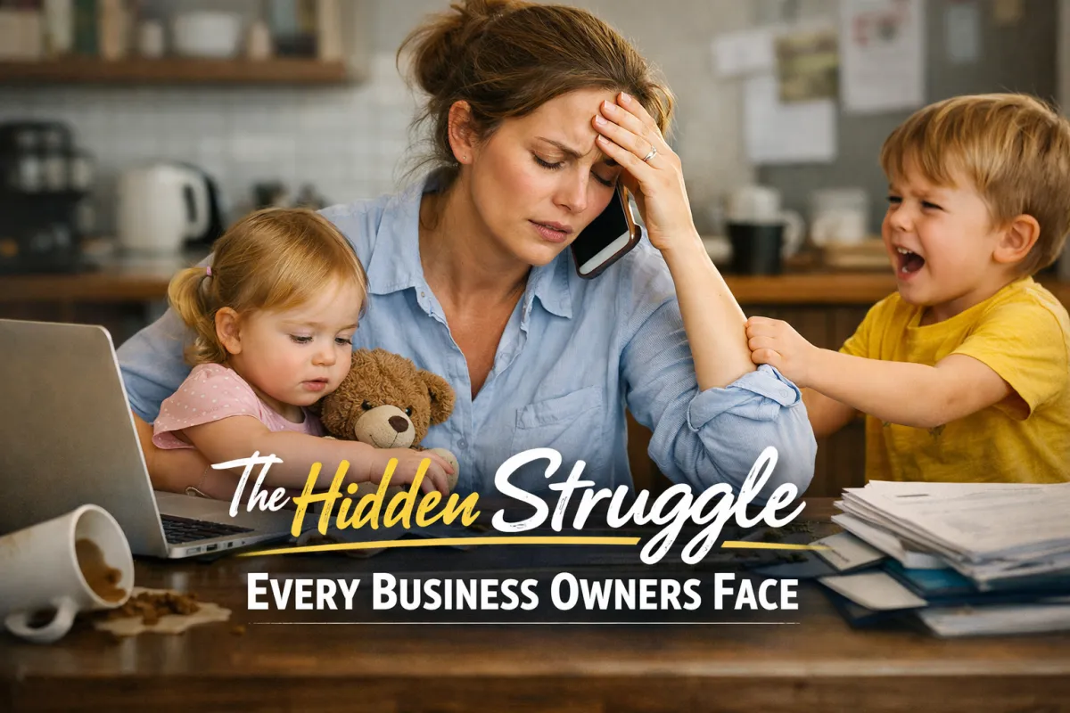 entrepreneur multitasking with kids and laptop at home, representing the hidden struggle business owners face balancing work and family.