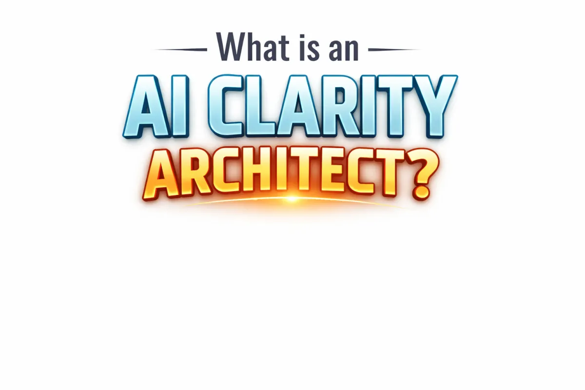 Minimalist blog header image with the text “What is an AI Clarity Architect?” in bold typography on a clean white background, representing AI strategy, business systems, and clarity-driven automation for founders.