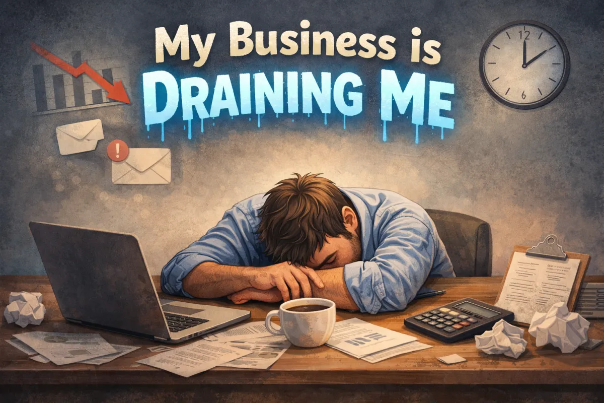 A tired business owner sits at a desk with their head resting on folded arms beside a laptop and coffee cup. Papers, a calculator, and a few crumpled notes are scattered around, while a simple chart with a downward arrow and a wall clock in the background hint at stress and time pressure. The words “My Business is Draining Me” appear above in bold, with “Draining Me” in a soft blue style, reinforcing the feeling of burnout.