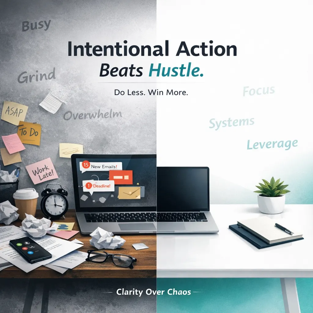 A split-screen illustration showing the contrast between hustle and intentional action. On the left, a chaotic workspace with clutter, notifications, and overwhelming tasks represents hustle culture. On the right, a clean, minimal desk with a focused setup represents intentional action and clarity. The design uses a white and teal color scheme to emphasize calm, structured productivity over busy work.