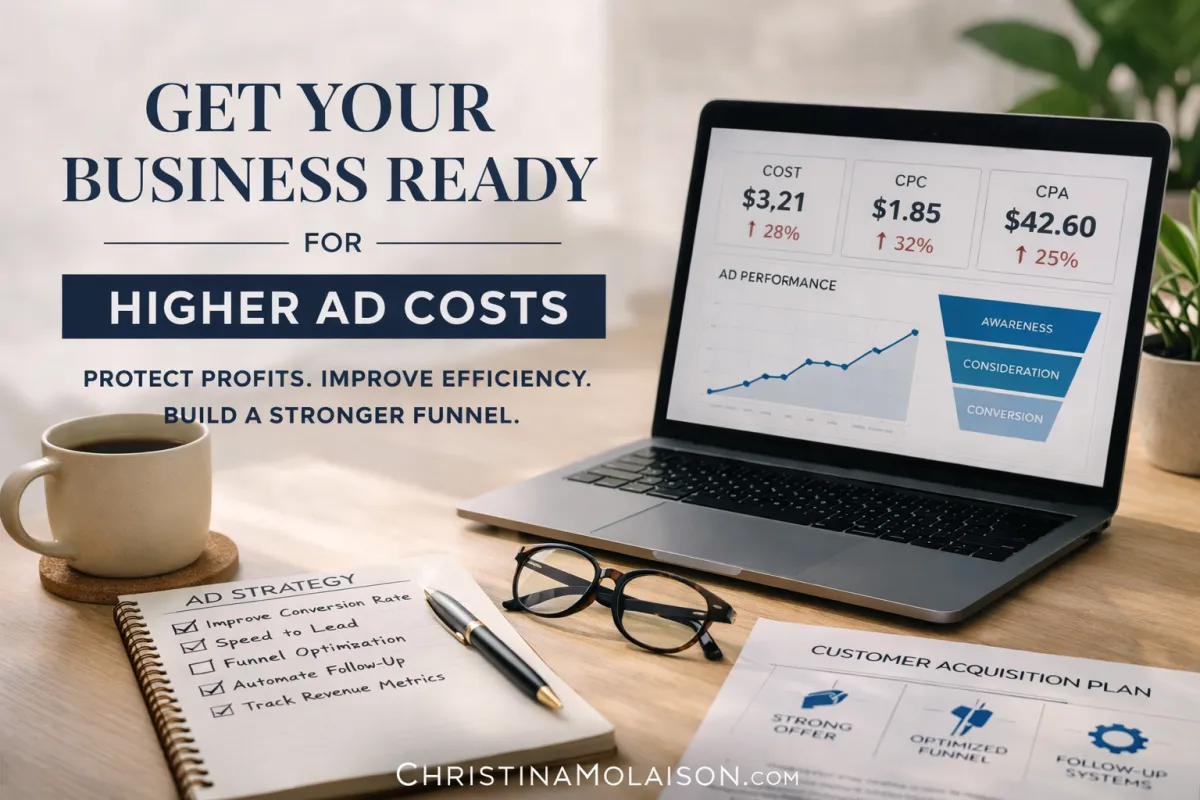 Laptop displaying rising ad costs and marketing metrics on a desk with notes and coffee, representing how to prepare your business for higher advertising costs and improve ROI.