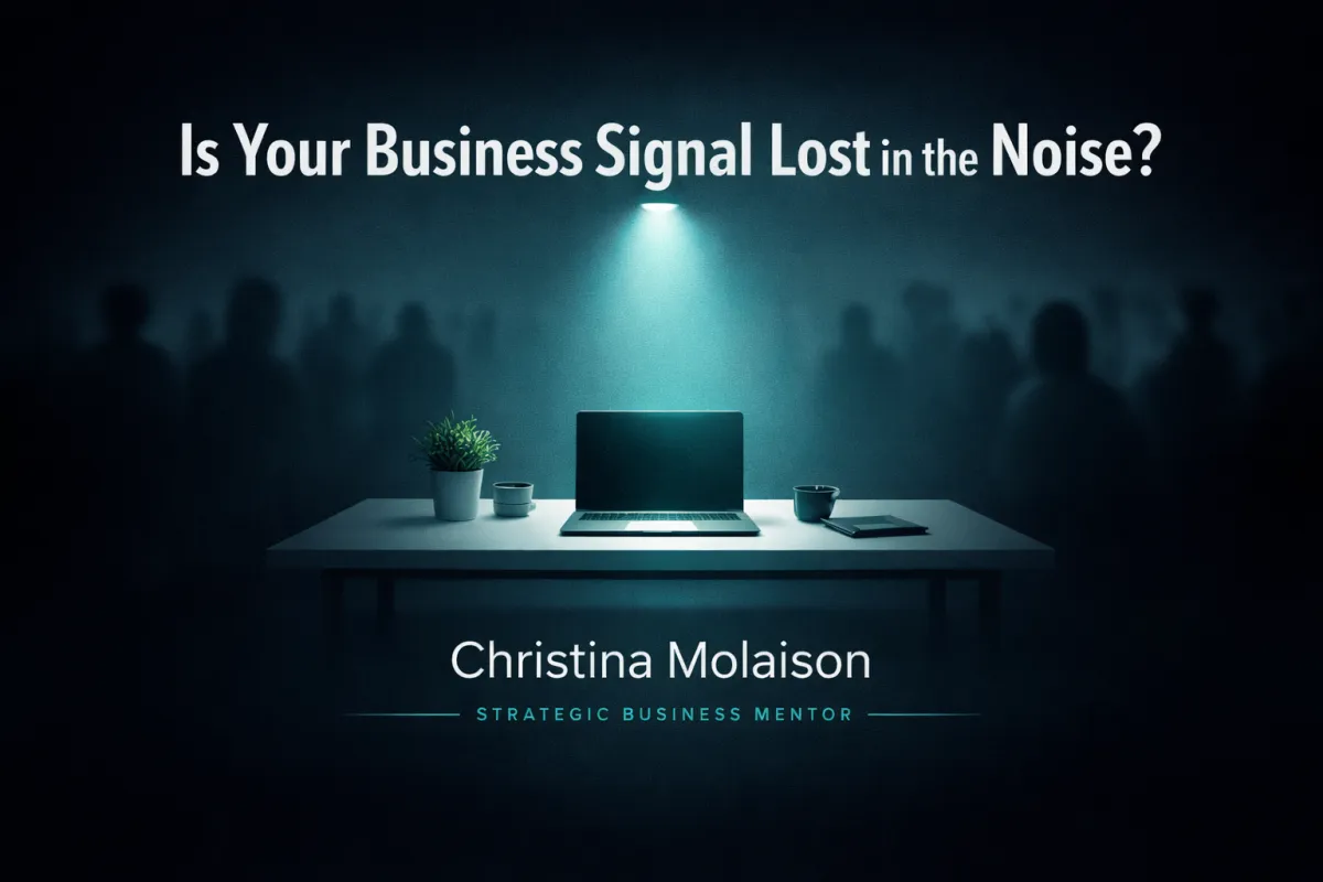Christina Molaison business blog cover featuring a spotlight on a minimalist workspace, symbolizing clarity and standing out in a crowded market with the message “Is Your Business Signal Lost in the Noise?”