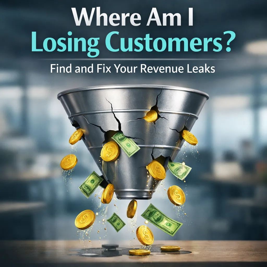 Business funnel with cracks leaking money and coins, illustrating where customers are lost and how revenue leaks impact small business growth and conversions.