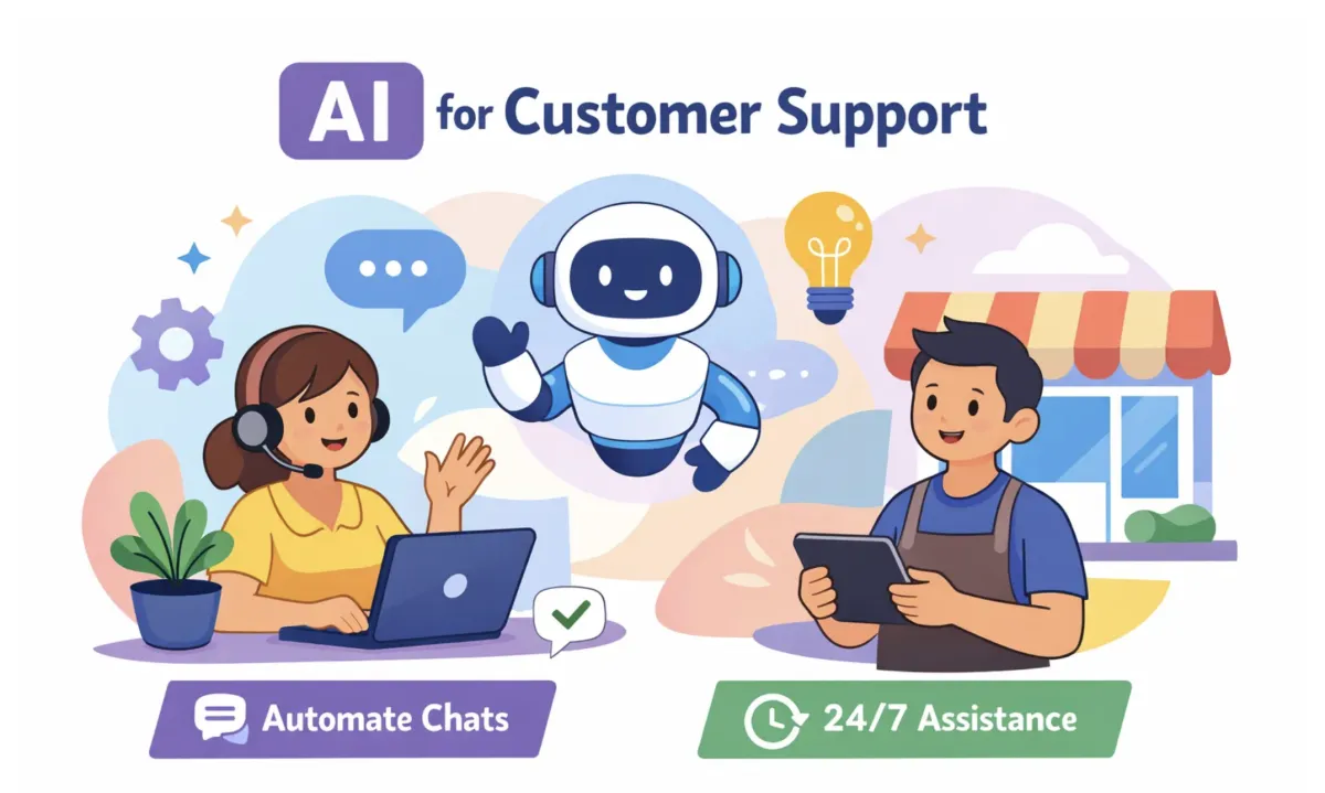 Illustration of how small businesses use AI for customer support with chatbot automation, instant replies, and 24/7 assistance to improve customer experience and reduce missed inquiries