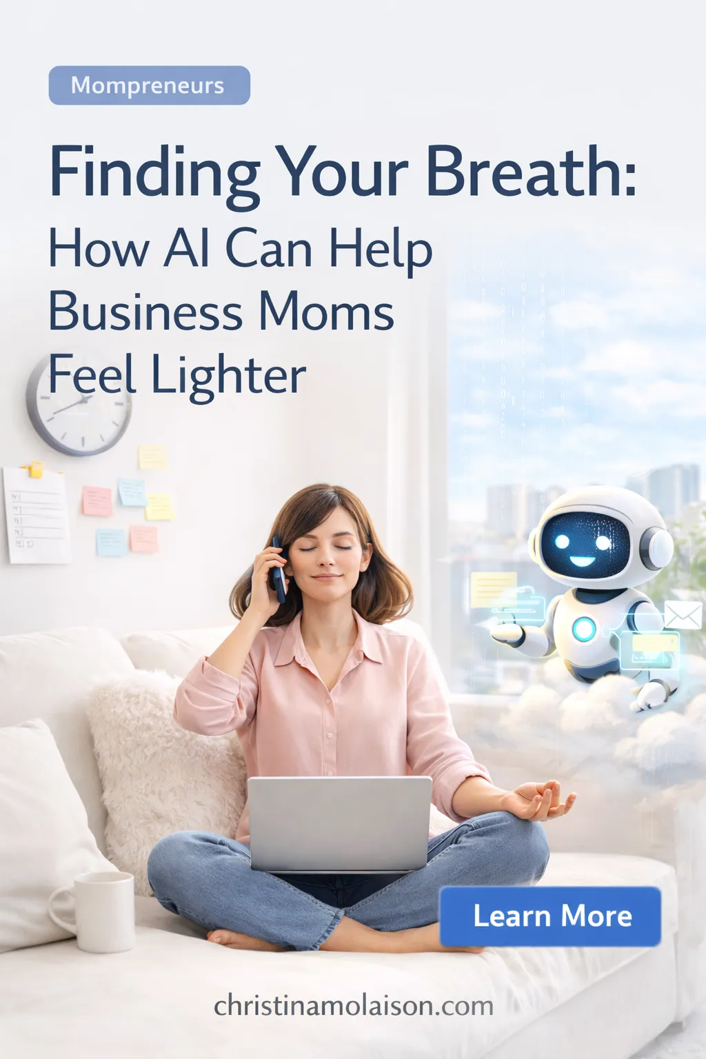 Business mom feeling calm and in control while using AI tools and automation to manage work from home, illustrating how Christina Molaison helps moms reduce overwhelm, organize their business, and replace chaos with simple systems and structure.