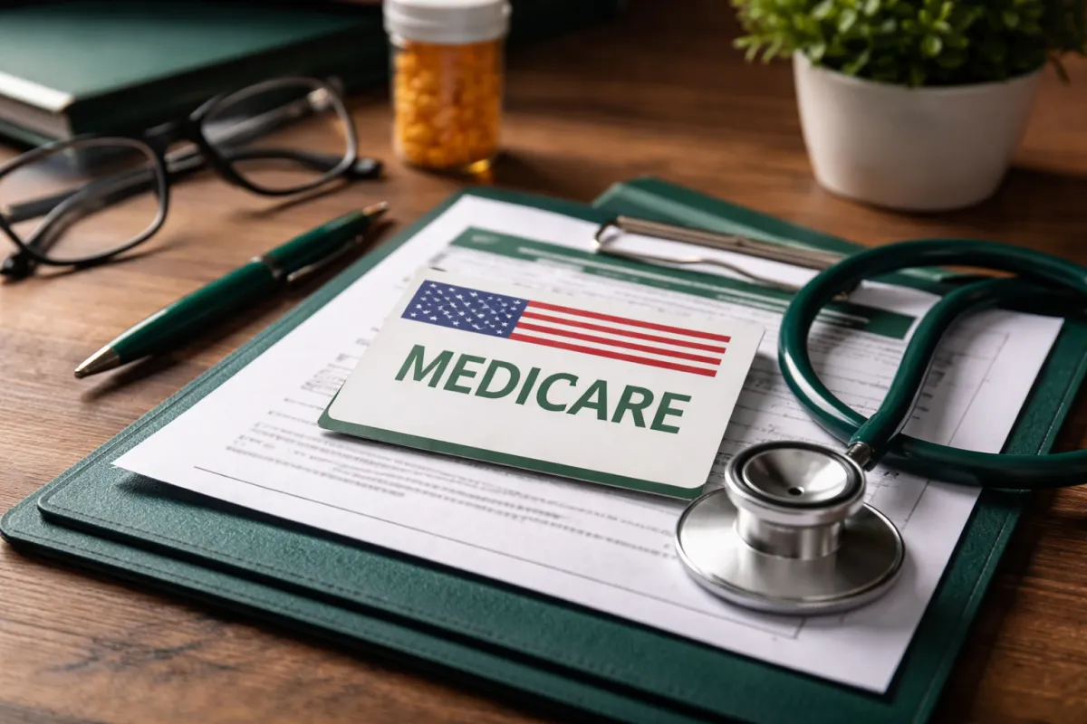 A small, diverse team of professionals in a bright, modern workspace, collaborating over digital documents. The group includes men and women of different ages and backgrounds, all focused on improving Medicare experiences.