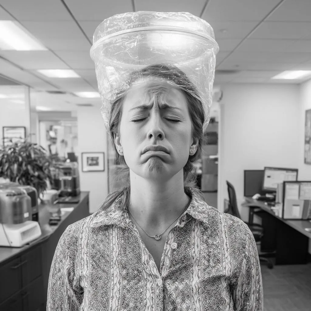 Frustrated person where their head is in a bubble rap