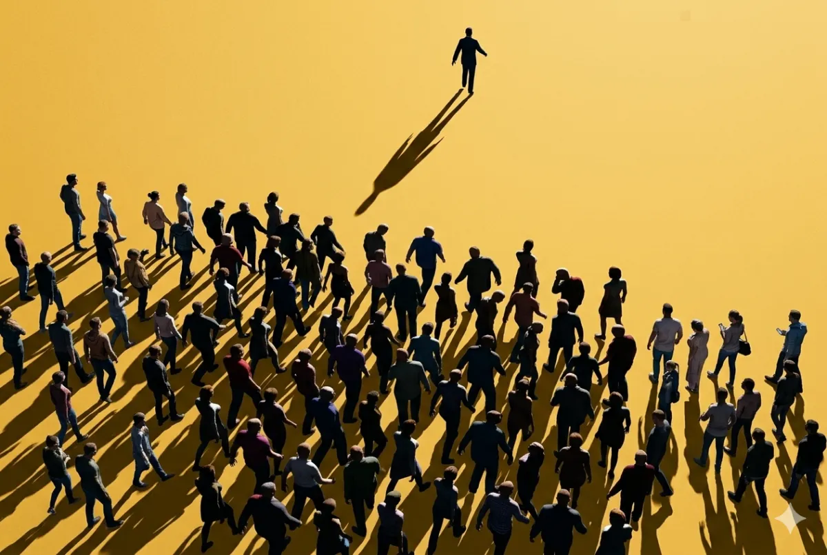 Ai generated image of professionals reluctantly following a new leader