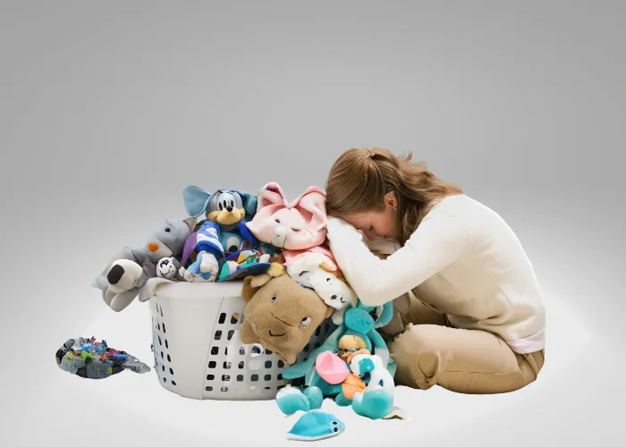 tired and frustrated mom with a basket of toys