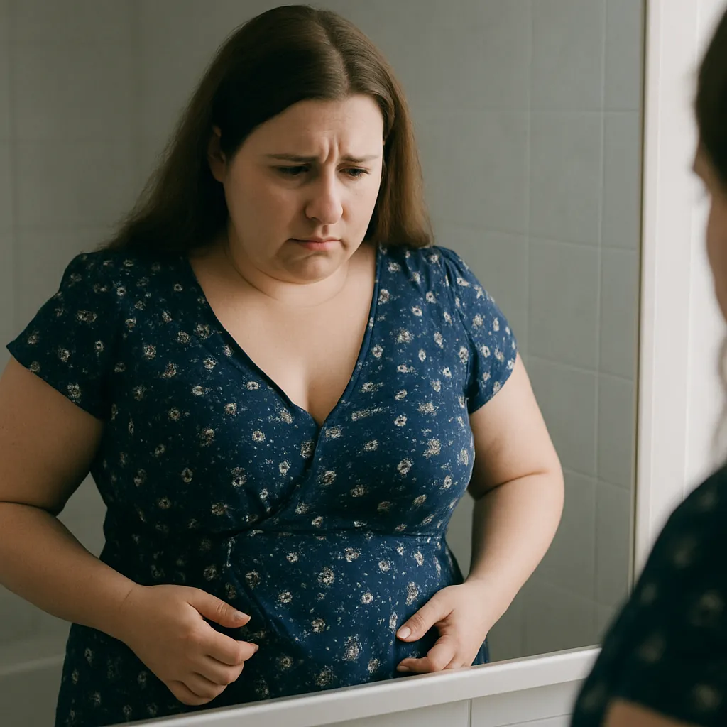 Overweight woman looking sad in the mirror, struggling with body image and weight loss