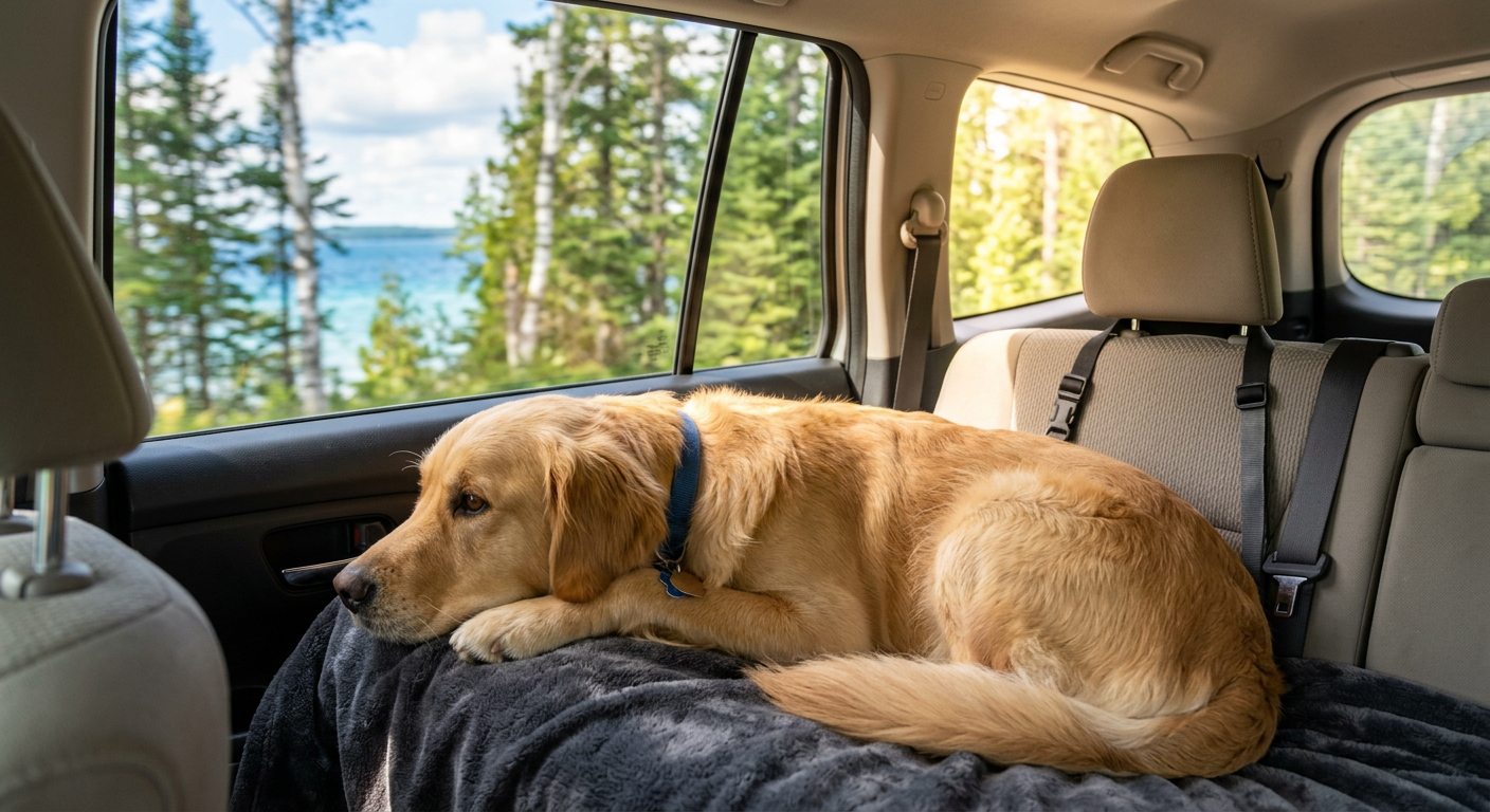 Calm golden retriever resting in SUV cargo area during Northern Michigan road trip