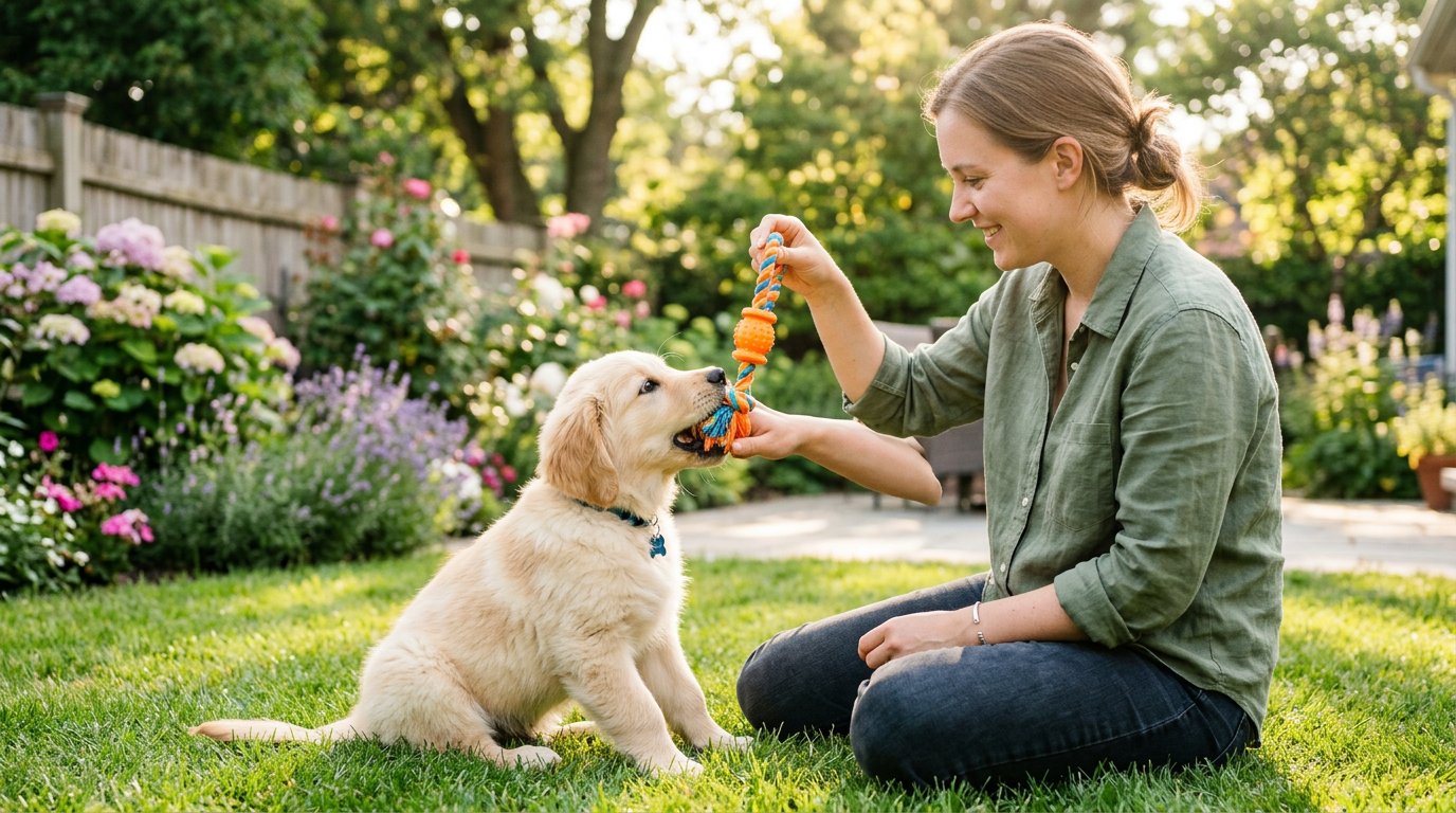 Golden retriever puppy being redirected with chew toy to stop biting during training