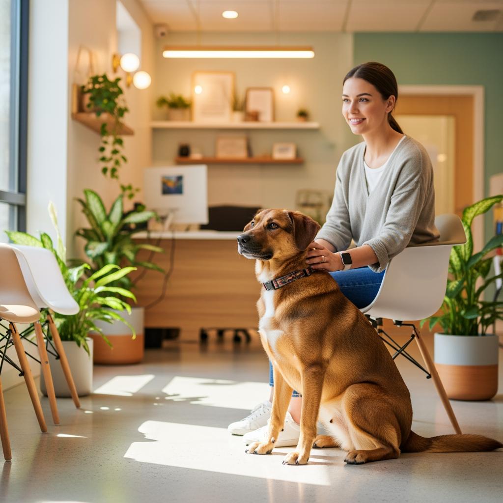 Calm dog sitting relaxed beside their owner in a bright veterinary waiting room during training