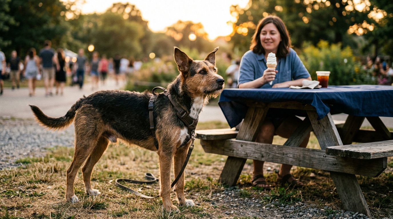 Distracted dog in a harness standing beside an outdoor table, looking away from their owner