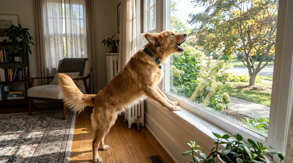 Golden retriever barking at window in bright living room, classic alarm barking behavior