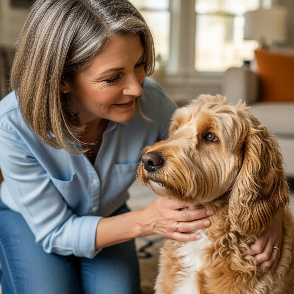 Middle-aged woman demonstrating compassionate understanding with a goldendoodle, illustrating the transformative mindset shift from labeling behaviors to addressing underlying needs in dog training.