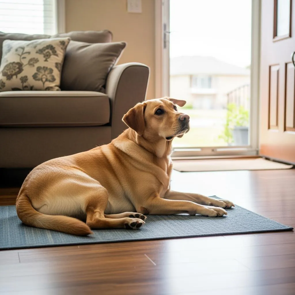 A well-trained golden retriever staying calmly on its place mat while visitors arrive at the door, demonstrating successful doorbell reactivity training and proper greeting manners.